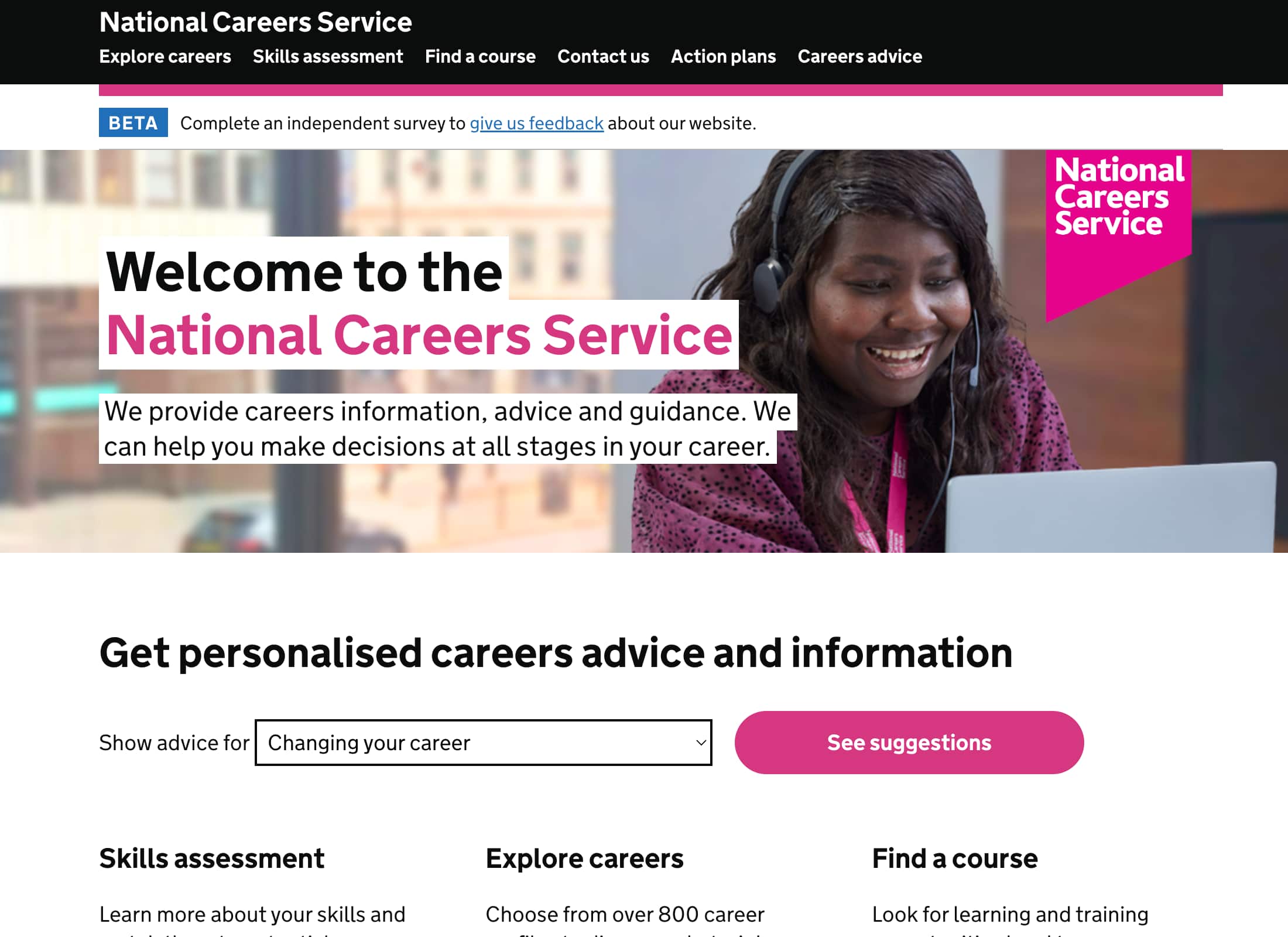 Screenshot showing National Careers Service homepage