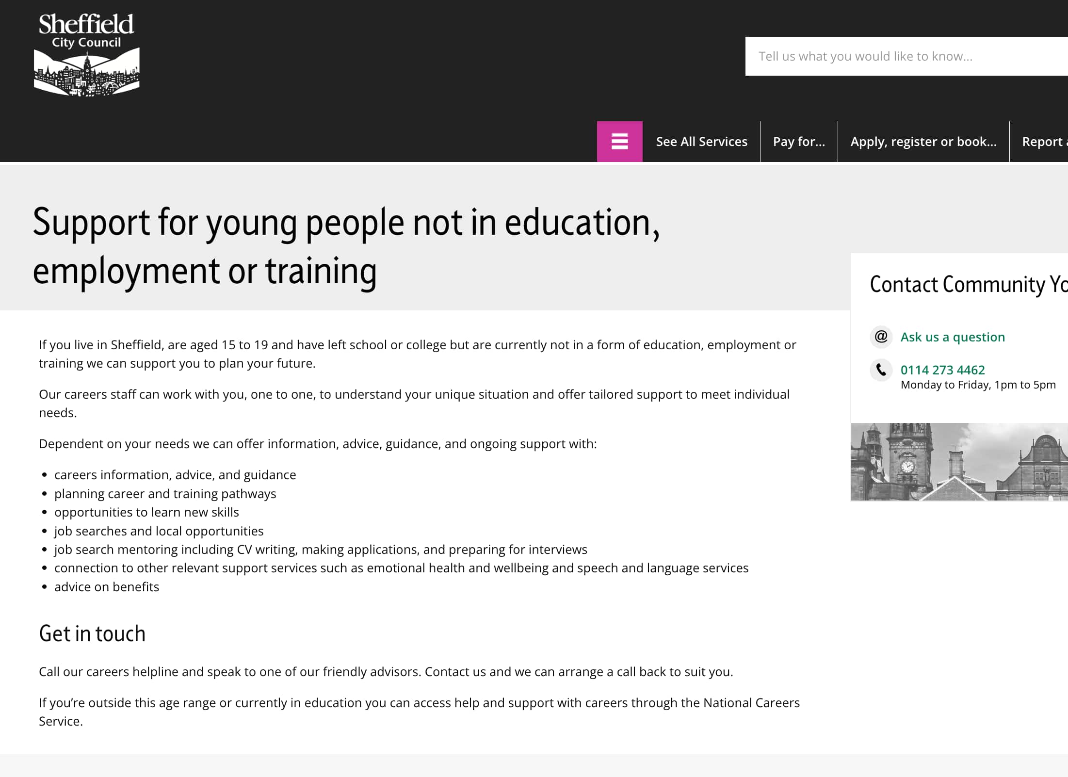 Screenshot showing Sheffield City Council - Community Youth Services