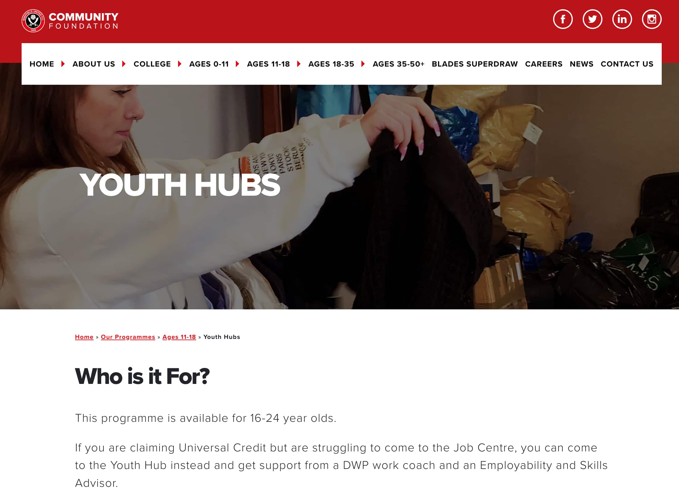 Screenshot showing Sheffield United Youth Hub web page